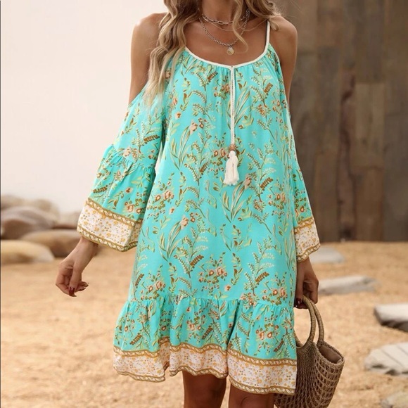 Boho floral print cold shoulder dress - Picture 6 of 11